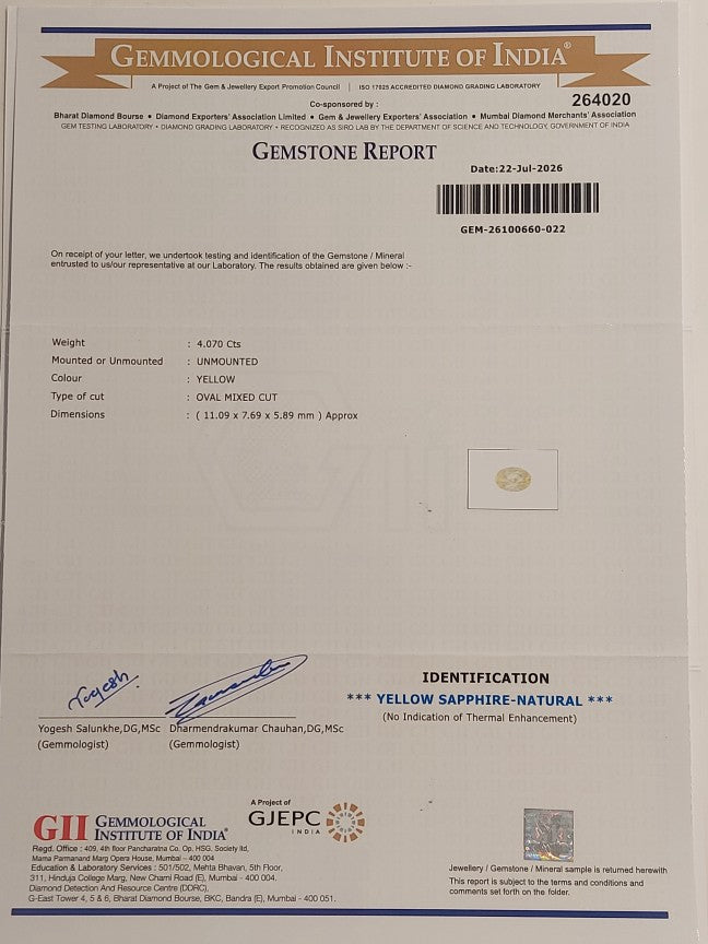 4.07 Carats GII Certified Natural Sri-Lankan Ceylon Yellow Sapphire Gemstone