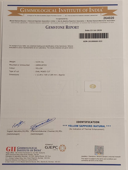 4.07 Carats GII Certified Natural Sri-Lankan Ceylon Yellow Sapphire Gemstone