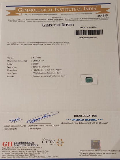4.12 Carats GII Certified Natural Zambian Emerald Gemstone