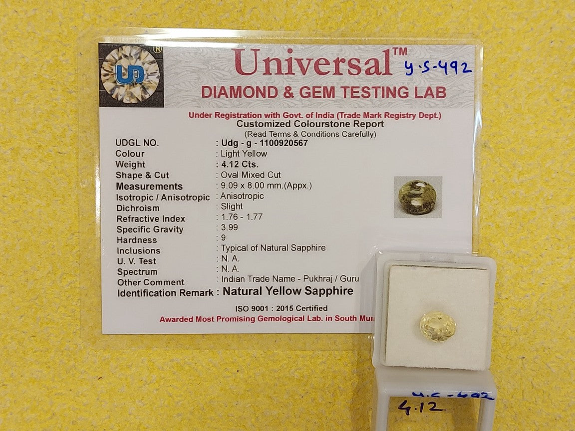 4.12 Carat Natural Yellow Sapphire Stone