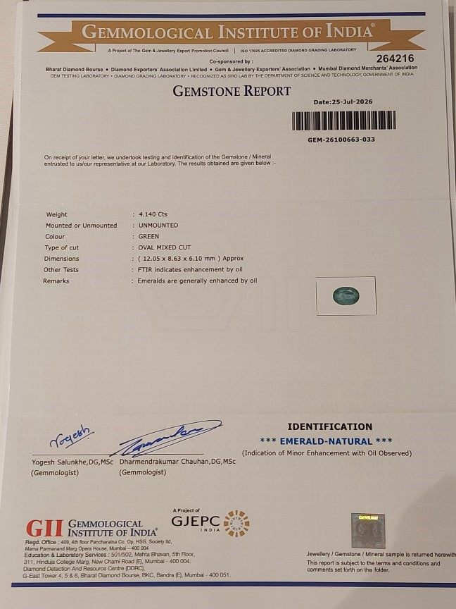 4.14 Carats GII Certified Natural Zambian Emerald Gemstone