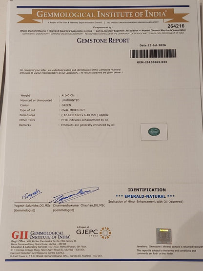 4.14 Carats GII Certified Natural Zambian Emerald Gemstone