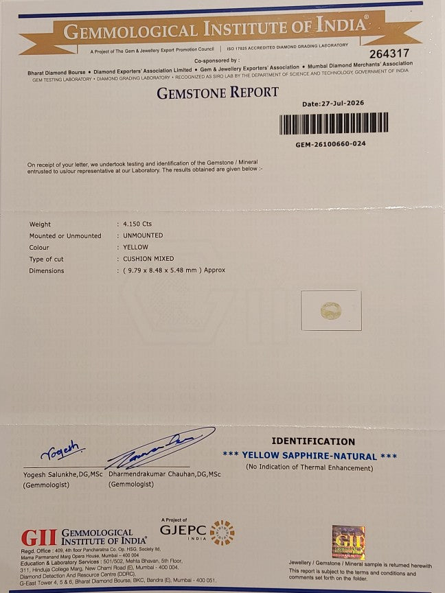 4.15 Carats GII Certified Natural Sri-Lankan Ceylon Yellow Sapphire Gemstone