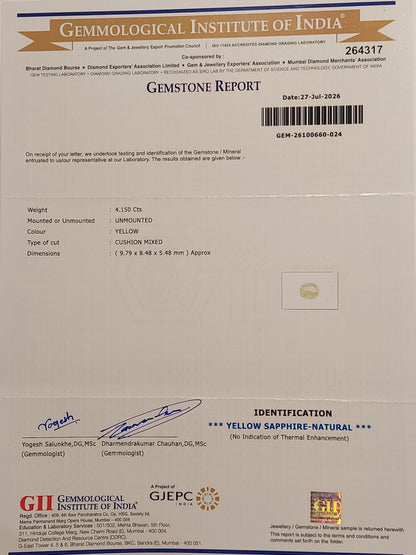 4.15 Carats GII Certified Natural Sri-Lankan Ceylon Yellow Sapphire Gemstone