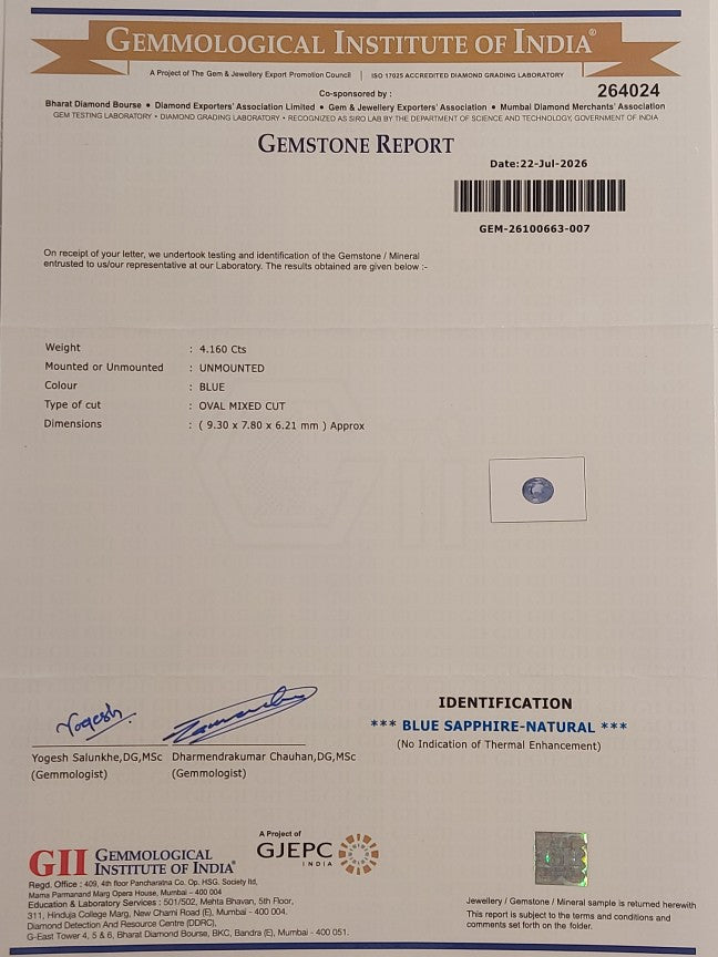 4.16 Carats GII Certified Natural Sri-Lankan Ceylon Blue Sapphire Gemstone