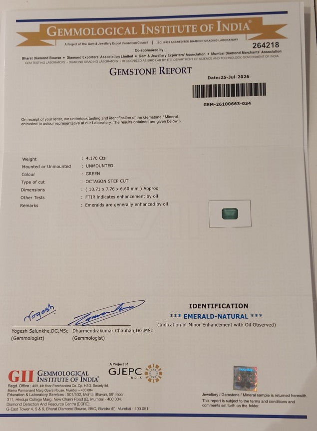 4.17 Carats GII Certified Natural Zambian Emerald Gemstone