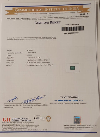 4.17 Carats GII Certified Natural Zambian Emerald Gemstone