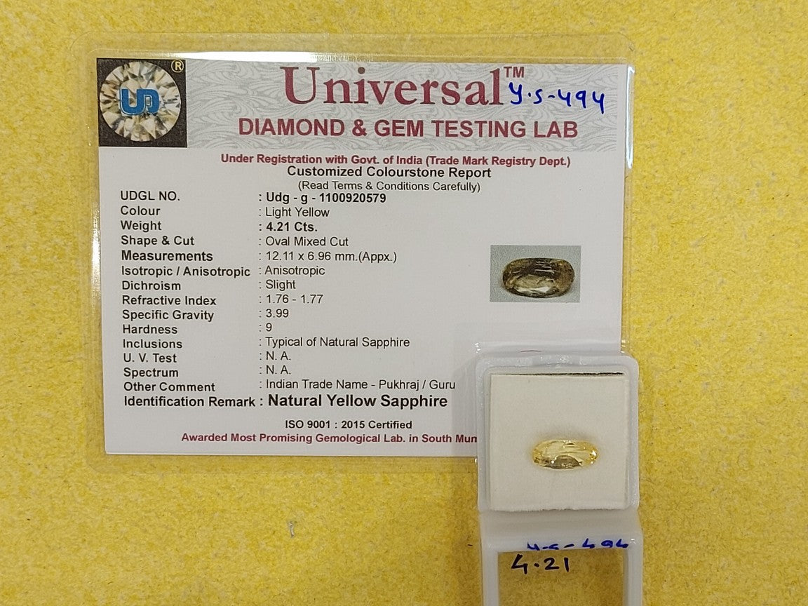 4.21 Carat Natural Yellow Sapphire