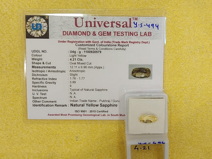 4.21 Carat Natural Yellow Sapphire