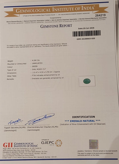 4.29 Carats GII Certified Natural Zambian Emerald Gemstone