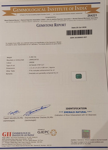 4.36 Carats GII Certified Natural Zambian Emerald Gemstone