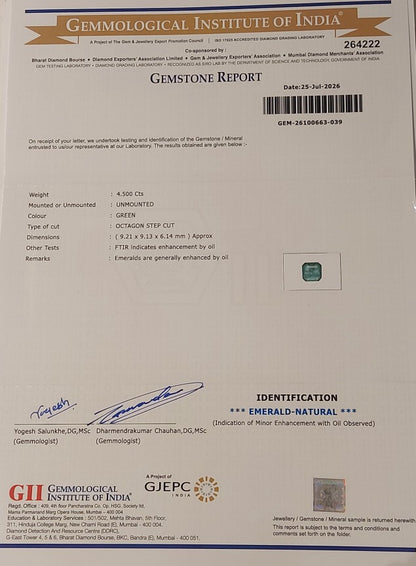 4.50 Carats GII Certified Natural Zambian Emerald Gemstone