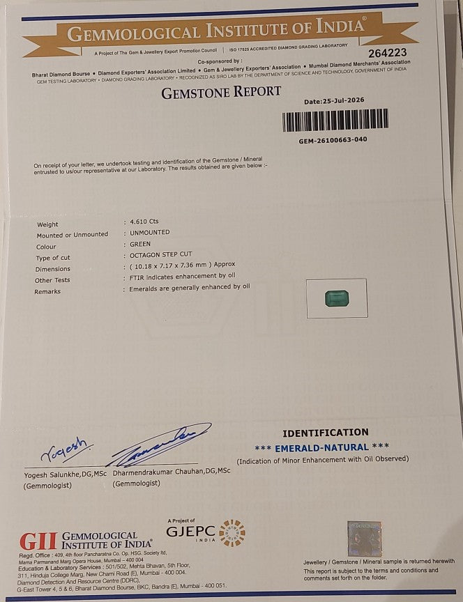 4.61 Carats GII Certified Natural Zambian Emerald Gemstone