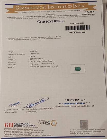 4.61 Carats GII Certified Natural Zambian Emerald Gemstone