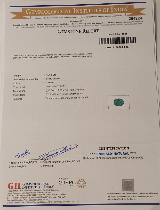 4.70 Carats GII Certified Natural Zambian Emerald Gemstone