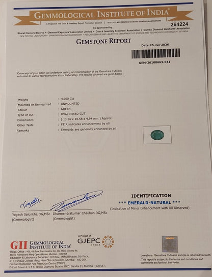 4.70 Carats GII Certified Natural Zambian Emerald Gemstone