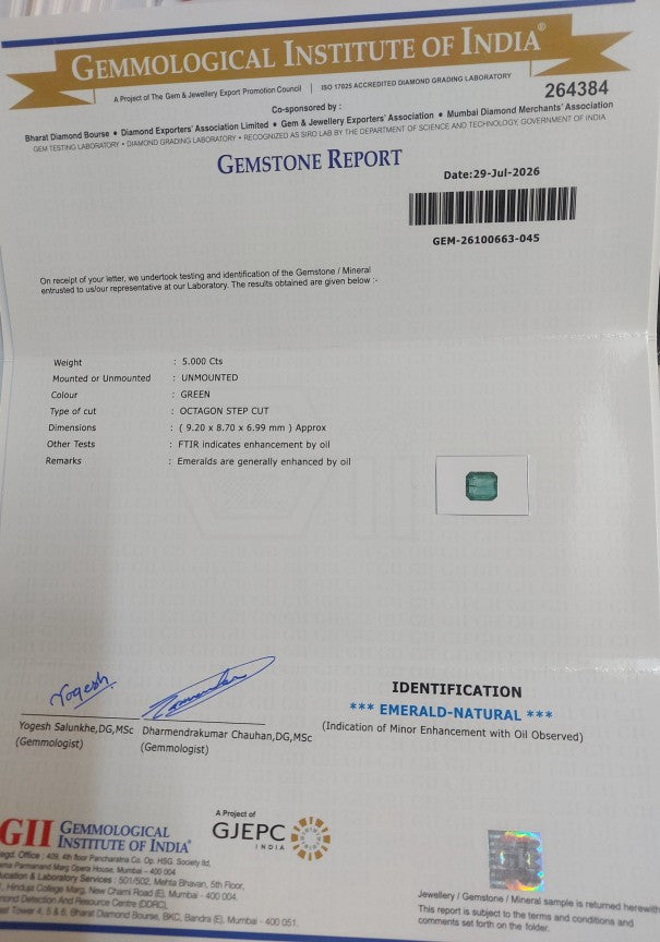 5.00 Carat GII Certified Natural Zambian Emerald Gemstone