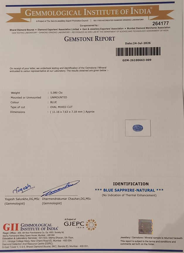 5.08 Carats GII Certified Natural Sri-Lankan Ceylon Blue Sapphire Gemstone
