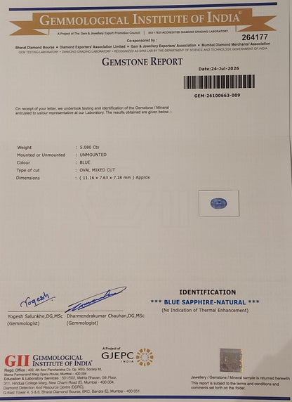 5.08 Carats GII Certified Natural Sri-Lankan Ceylon Blue Sapphire Gemstone