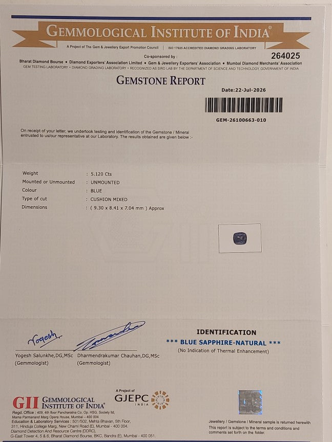 5.12 Carats GII Certified Natural Sri-Lankan Ceylon Blue Sapphire Gemstone