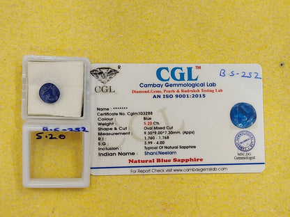 5.20 Carat Natural Blue Sapphire Stone