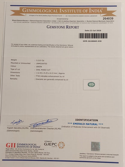 5.21 Carats GII Certified Natural Zambian Emerald Gemstone