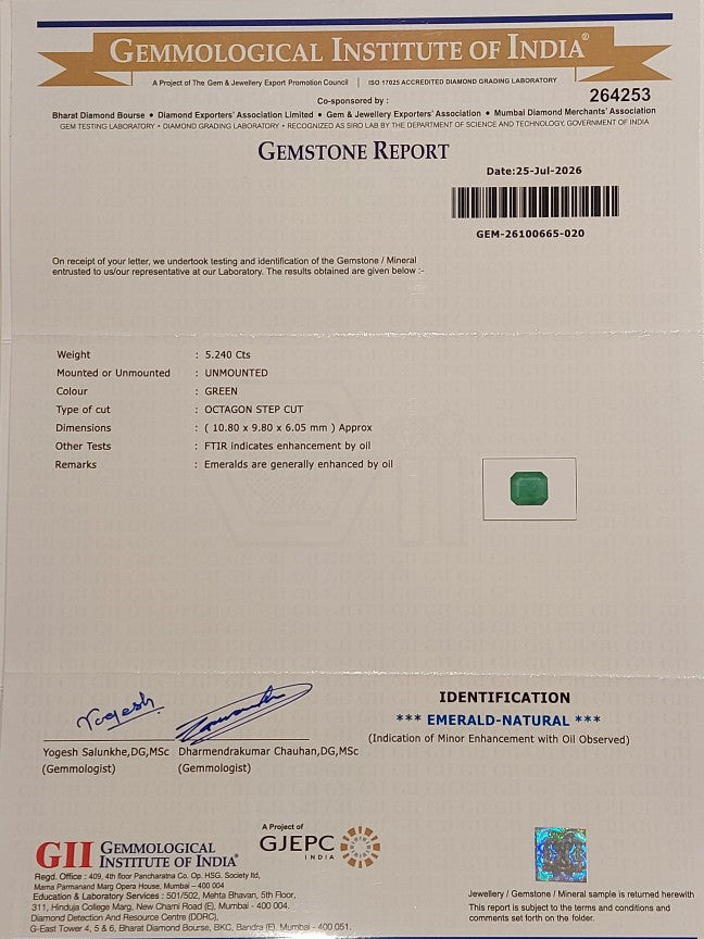 5.24 Carats GII Certified Natural Zambian Emerald Gemstone