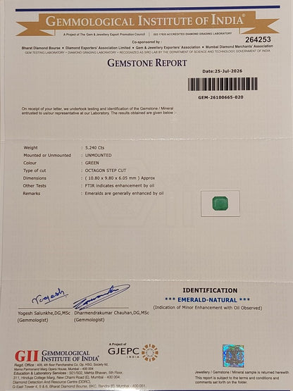 5.24 Carats GII Certified Natural Zambian Emerald Gemstone