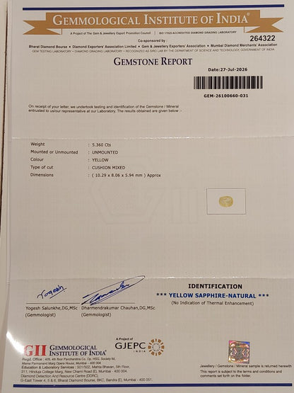 5.36 Carats GII Certified Natural Sri-Lankan Ceylon Yellow Sapphire Gemstone