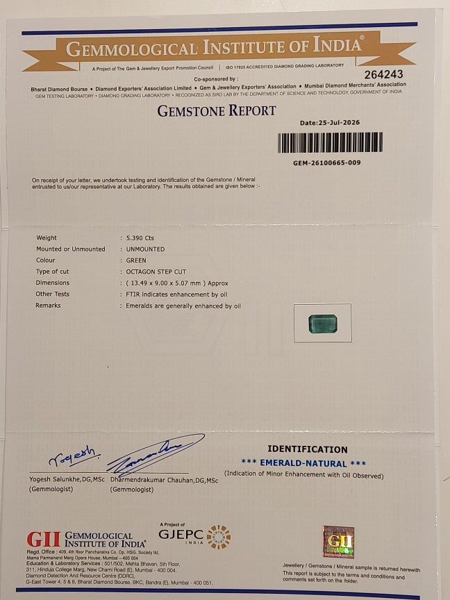 5.39 Carats GII Certified Natural Zambian Emerald Gemstone