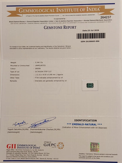 5.54 Carats GII Certified Natural Zambian Emerald Gemstone