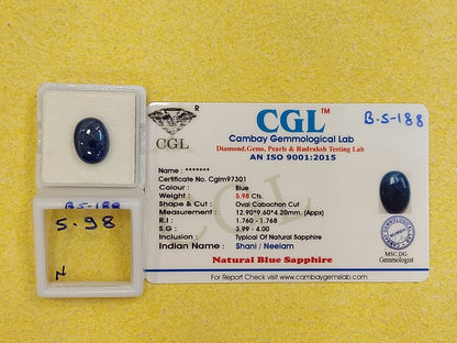 5.98  Carat Natural Blue Sapphire Stone