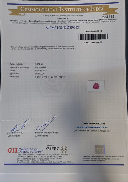 6.04 Carat Natural Old Burma Ruby