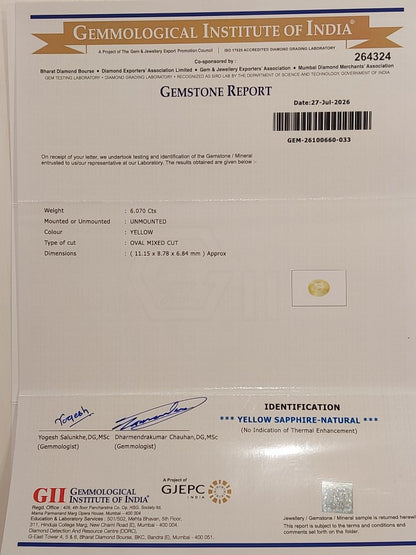 6.07 Carats GII Certified Natural Sri-Lankan Ceylon Yellow Sapphire Gemstone