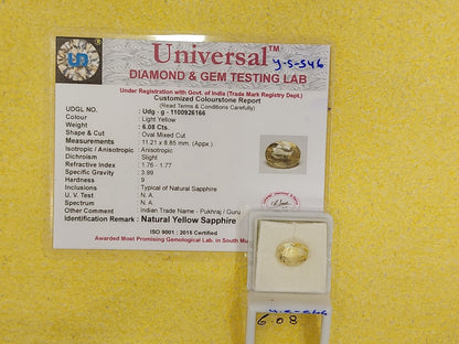 6.08 Carat Natural Yellow Sapphire Stone