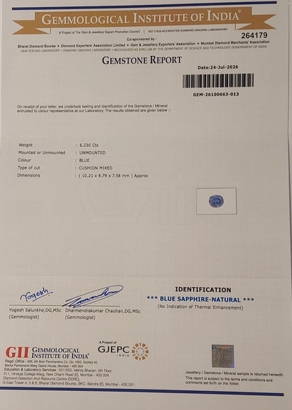 6.23 Carats GII Certified Natural Sri-Lankan Ceylon Blue Sapphire Gemstone