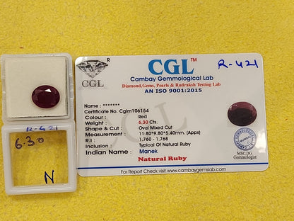 R-421 6.30 Carat Natural Old Ruby