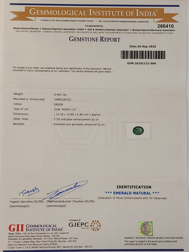 6.40 Carat GII Certified Natural Zambian Emerald Gemstone