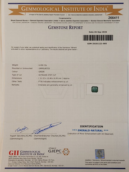 6.49 Carat GII Certified Natural Zambain Emerald Gemstone