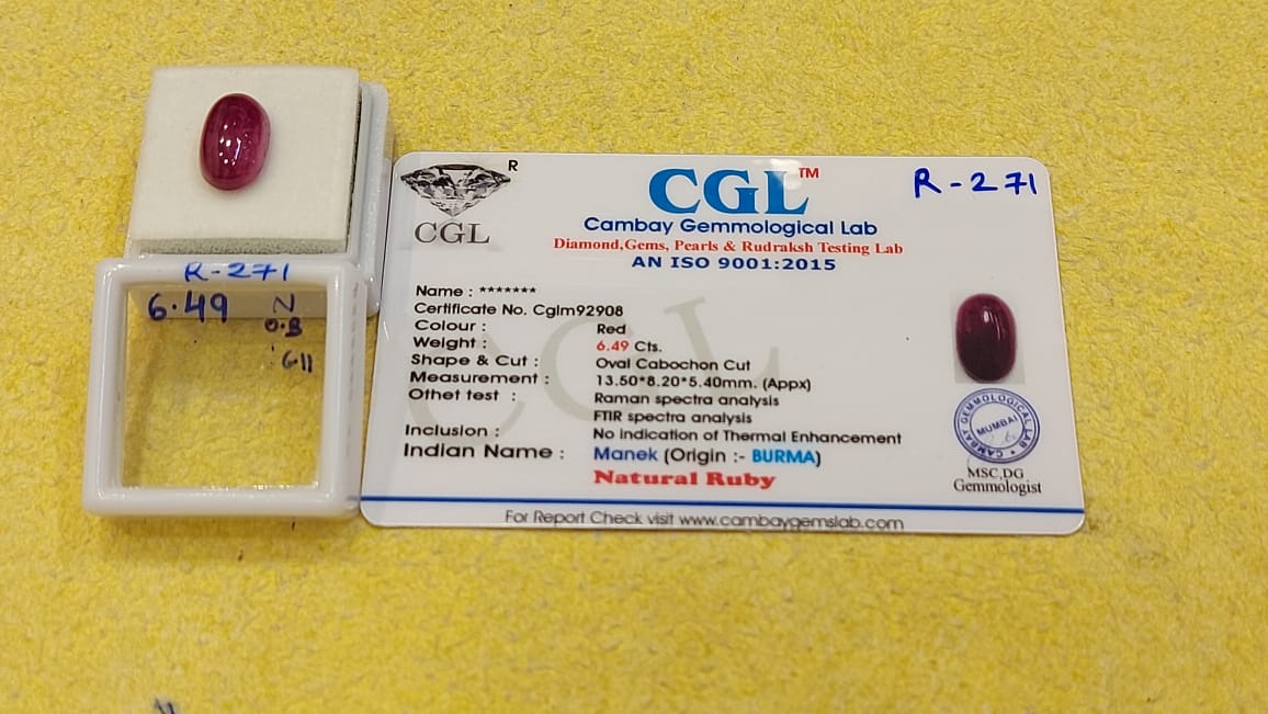 R-271 6.49 Carat Natural Old Ruby