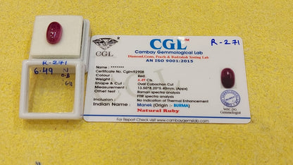 R-271 6.49 Carat Natural Old Ruby