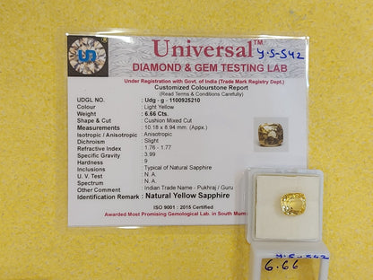 6.66  Carat Natural Yellow Sapphire Stone