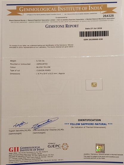6.72 Carats GII Certified Natural Sri-Lankan Ceylon Yellow Sapphire Gemstone