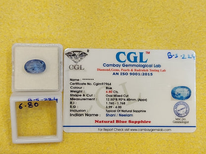 6.80 Carat Natural Blue Sapphire Stone