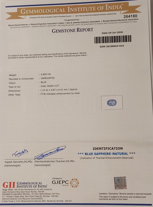 6.80 Carats GII Certified Natural Sri-Lankan Ceylon Blue Sapphire Gemstone