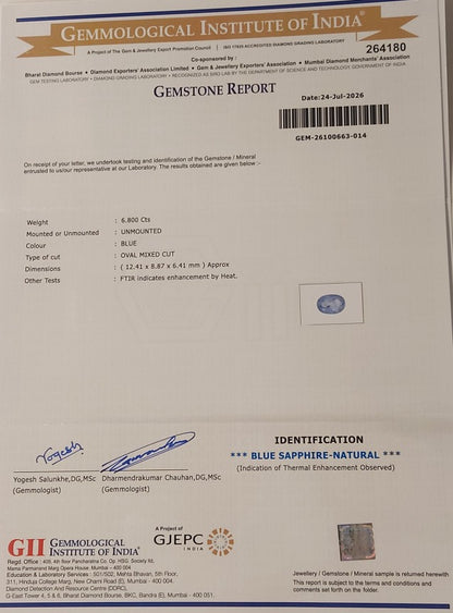6.80 Carats GII Certified Natural Sri-Lankan Ceylon Blue Sapphire Gemstone