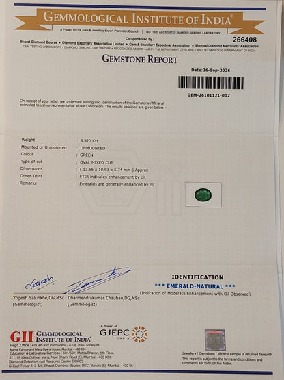 6.82 Carat GII Certified Natural Zambian Emerald Gemstone