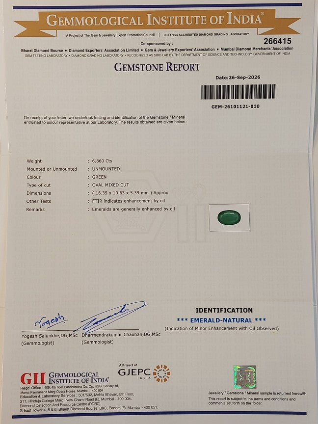 6.86 Carat GII Certified Natural Zambian Emerald Gemstone