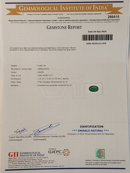 6.86 Carat GII Certified Natural Zambian Emerald Gemstone