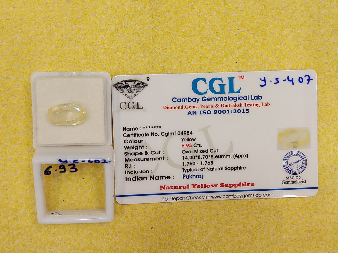 6.93 Carat Natural Yellow Sapphire Stone